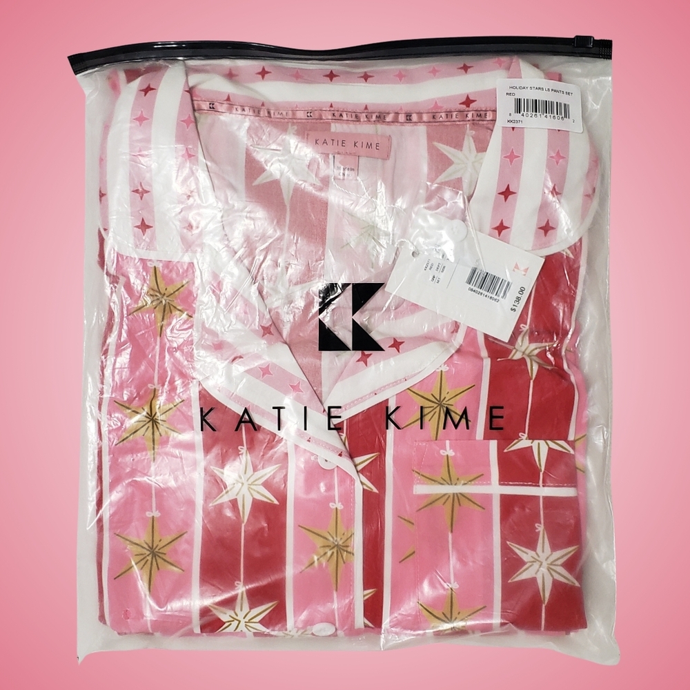 Katie Kime Pajama Set Large Holiday Stars Red Long Sleeve Button-Up & Pants NWT